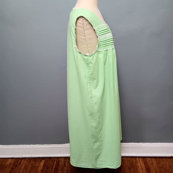 Country Store cotton green white gingham housecoat nightgown w lace hems. Large - Picture 5 of 11